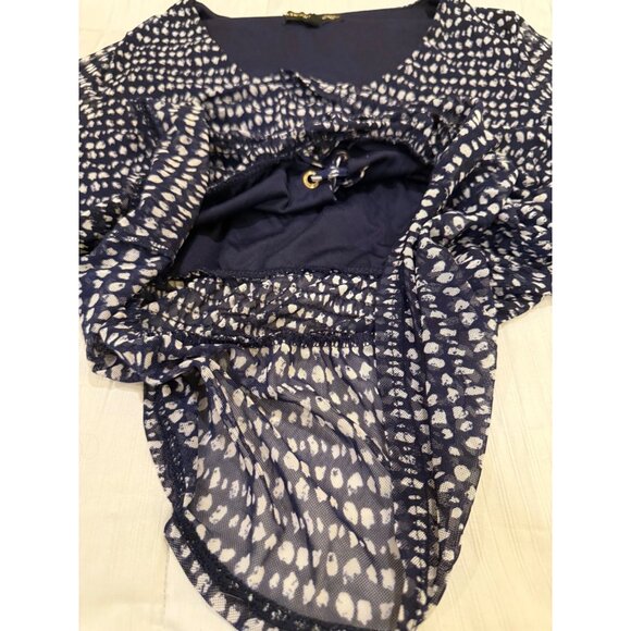Always Indigo Womens M V-Neck Peplum Blouse Navy/White Patterned Lace-Up - Picture 3 of 8